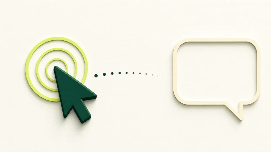 Ilustração sobre cliques no Google Ads sem contatos: um clique e um balão de conversa vazio.