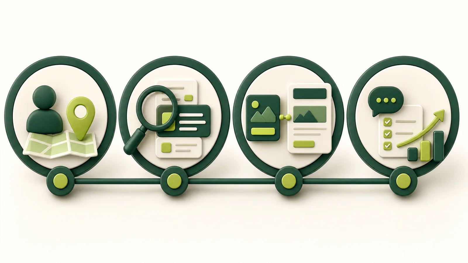 Linha do tempo em quatro etapas para revisar localização, termos de busca, anúncios e resultados da campanha.